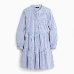 J Crew NWT Blue White Striped Stretch Cotton Poplin Tiered Dress Size L